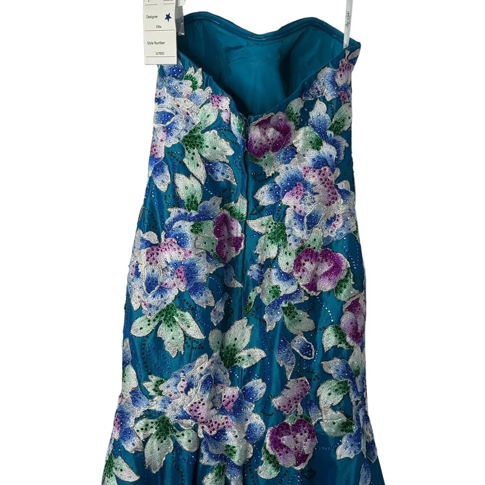 NEW Ellie Wilde Mon Cheri Formal Gown Women 2 Blue Embroider Floral Pageant Prom - Image 9