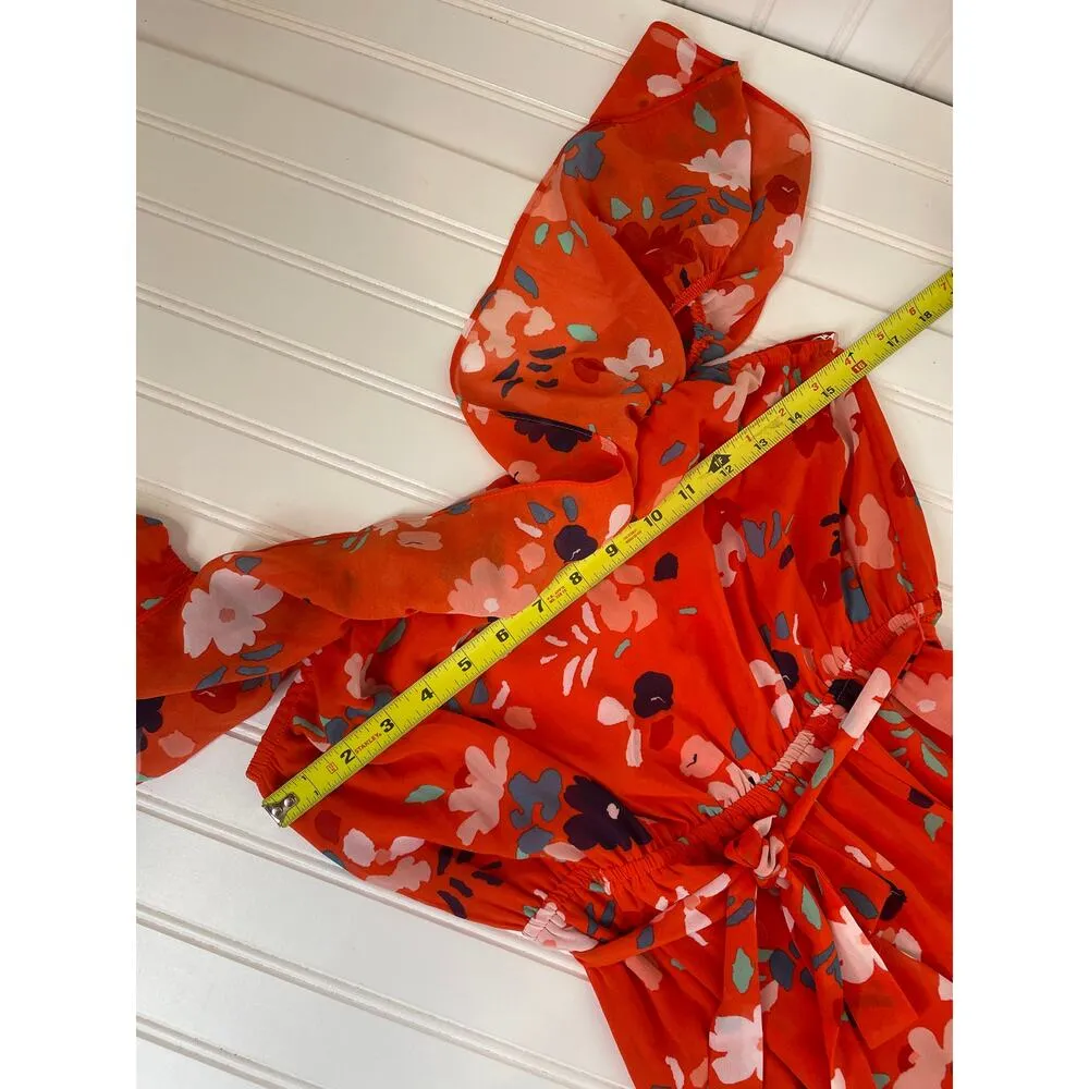 NWT DR2 Ruffle Tiered Floral Maxi Dress Bright Orange Belted Colorful Size XS - Image 5