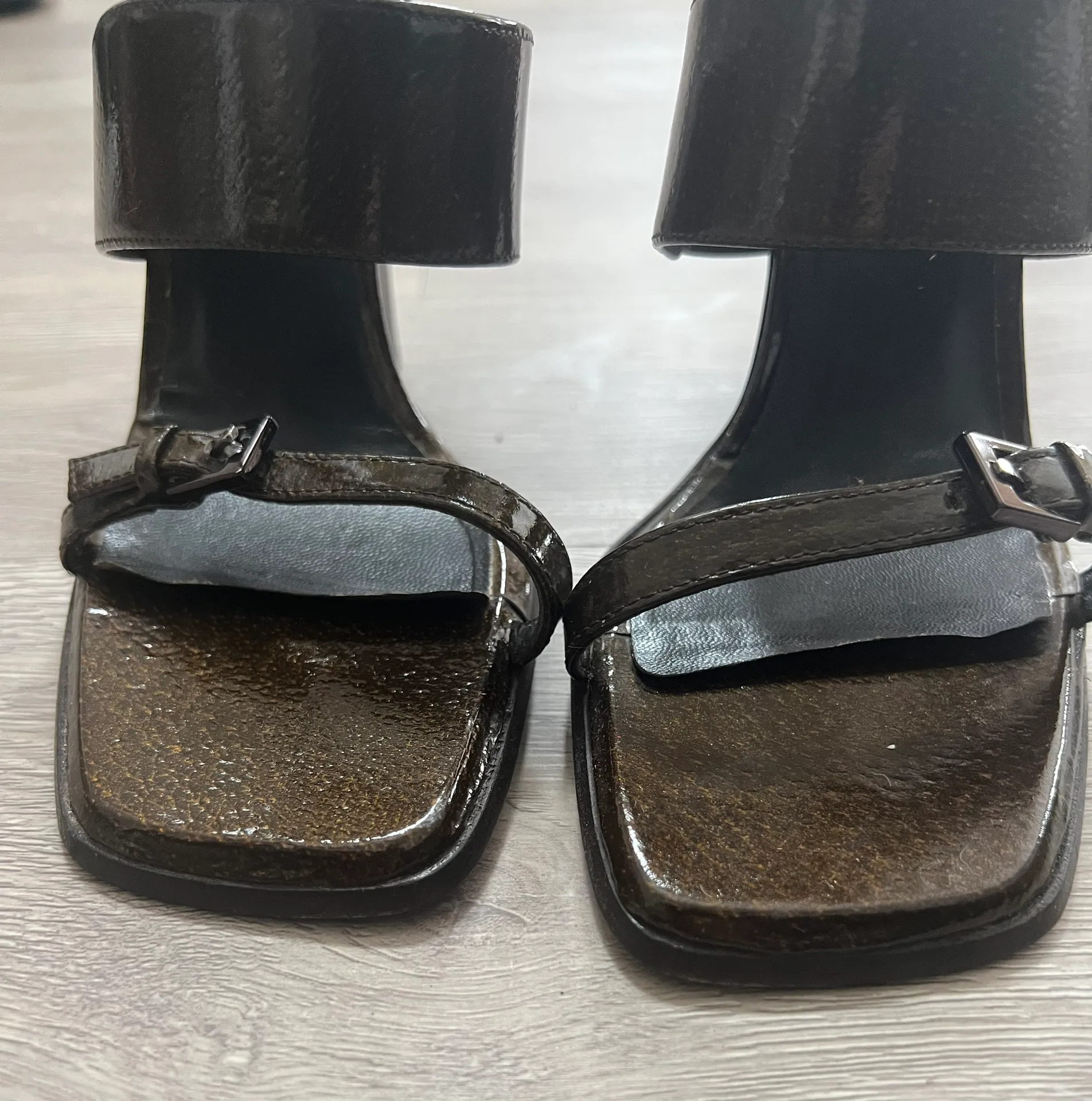 Vintage 90s Double Strap Brown Leather Block Heel Mule Sandals - Image 8