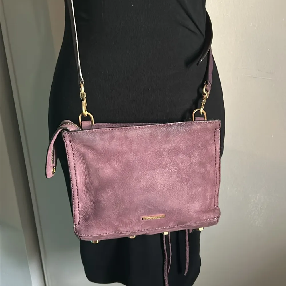 Plum Purple Leather Brushed Suede Crossbody Bag Purse - Image 9