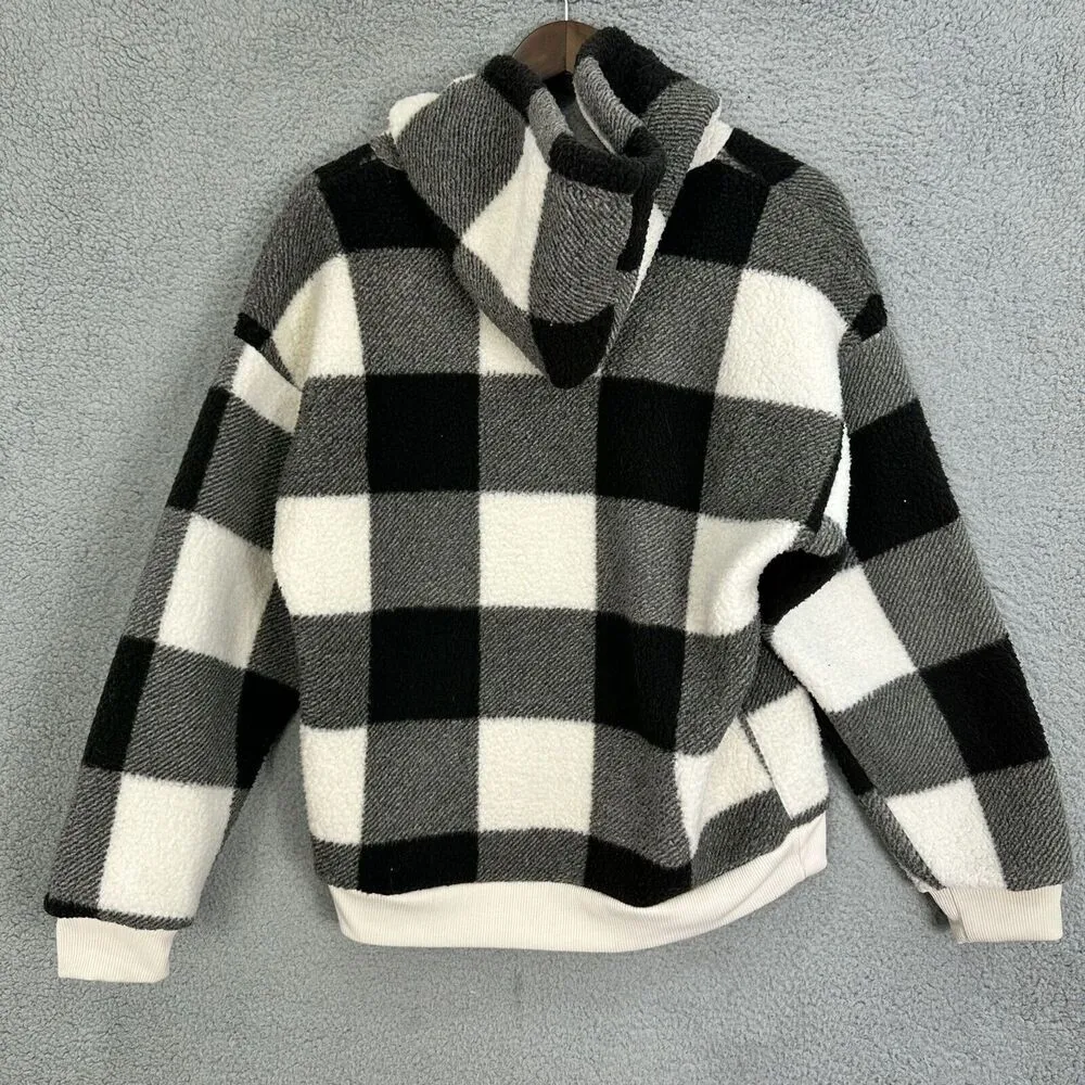 American Sweatshirt Women Small Black White Plaid Sherpa Fleece Hoodie Oversized - Image 2