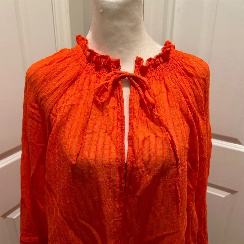 Torrid Size 1 Orange Tie Neck Peasant Blouse Long Sleeve Flounce Top Lightweight - Image 2