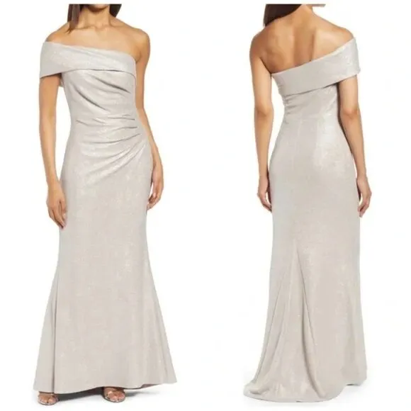 ELIZA J One-Shoulder Glitter Mermaid Gown in Beige Size US 0 - Image 2