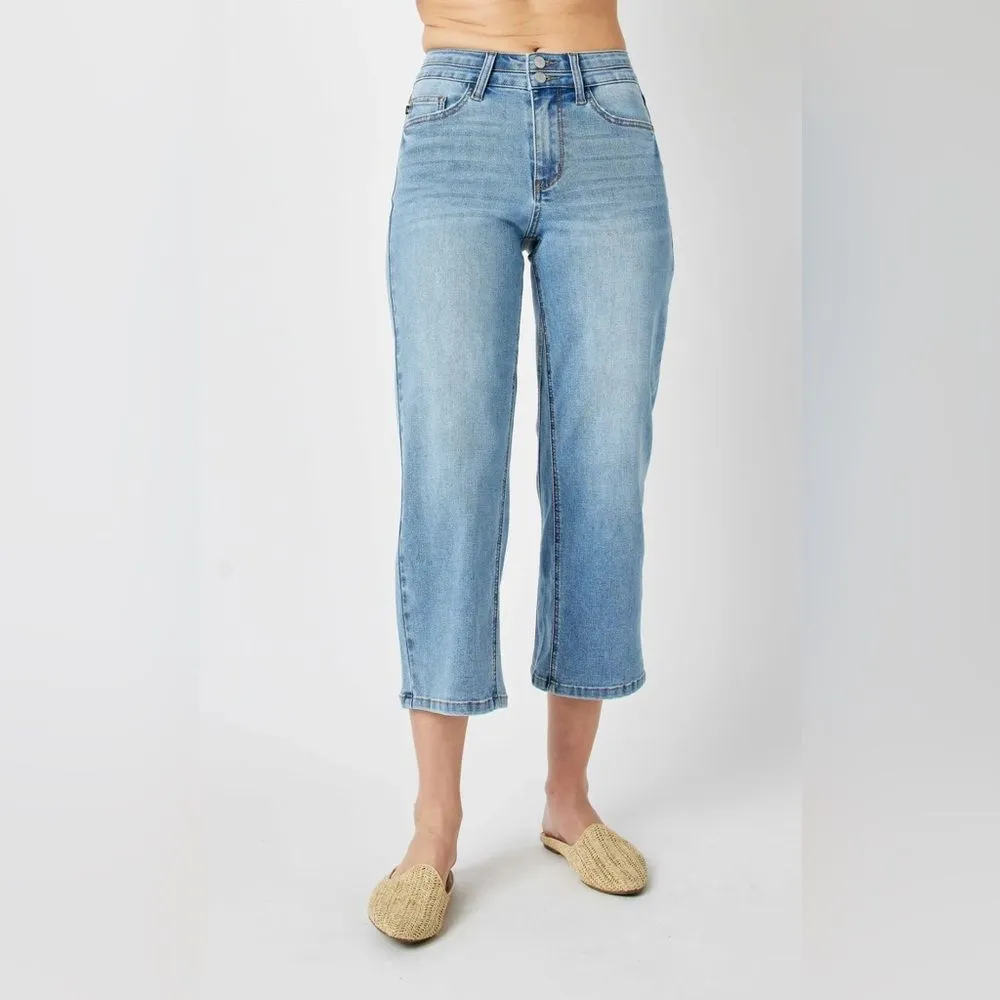 JUDY BLUE Tummy Control High waisted wide crop double button cropped jeans 13 31 - Image 2