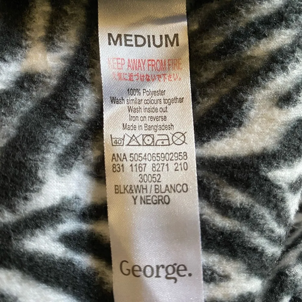 Zebra Fleece Onesie By George. Size Medium Black - Image 4