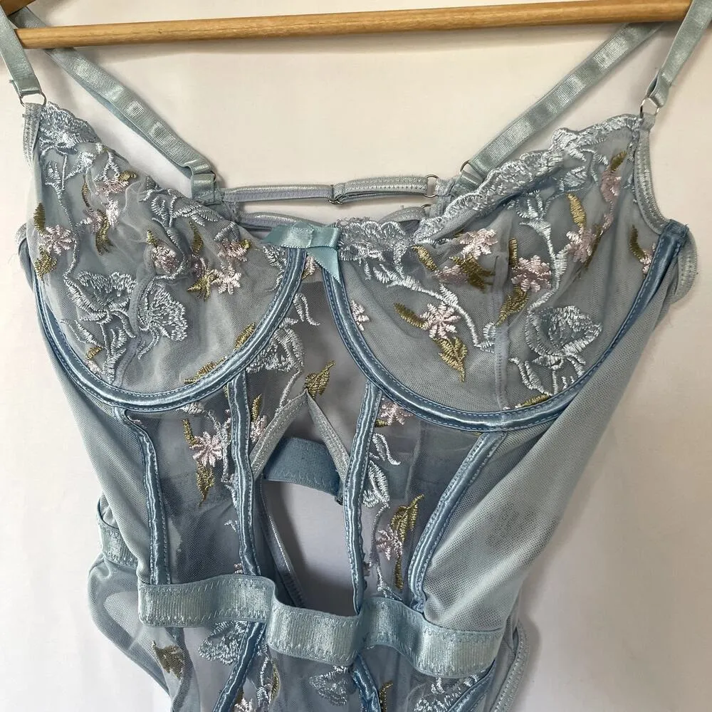 Blue lace floral lingerie elegant teddy sheer design belt embroidered women's S - Image 2