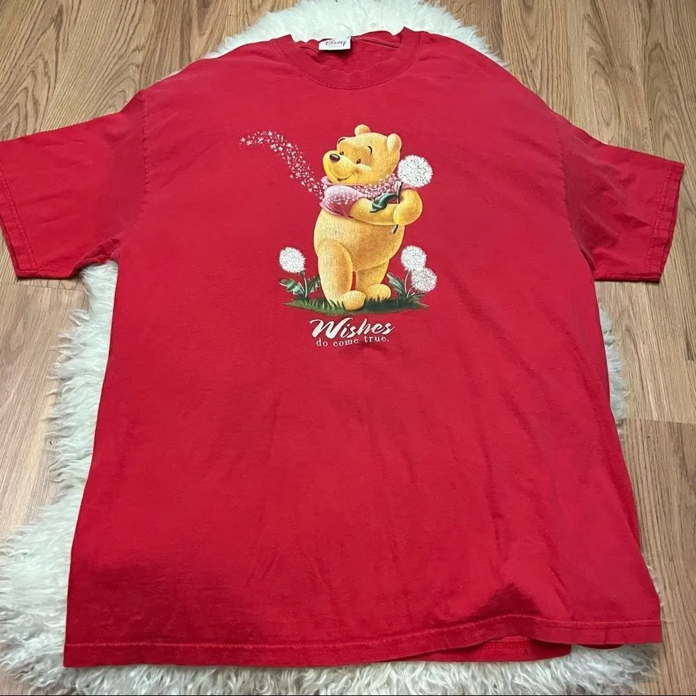 Vintage Y2K Disney Red Winnie the Pooh Wishes Do Come True Dandelion T-shirt L - Image 2