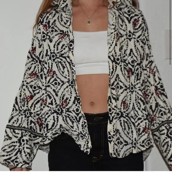 Zara Bottom down shirt bohemian style navy and off white sz S oversized - Image 1