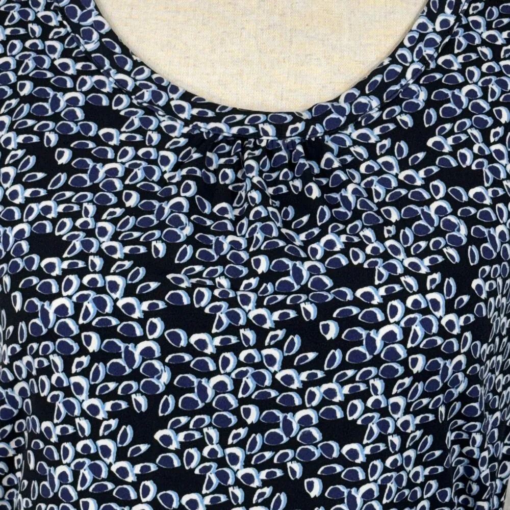 Tahari Medium Top Abstract Ruched Stretch Pleated Neck Cap Sleeves Navy Blue - Image 2