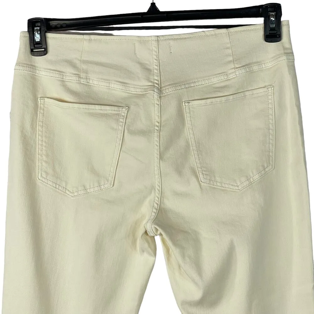 Free People SZ 32 Penny Pull On Flare Jeans Mid-Rise Elastic Waist Stretch Cream - Image 9