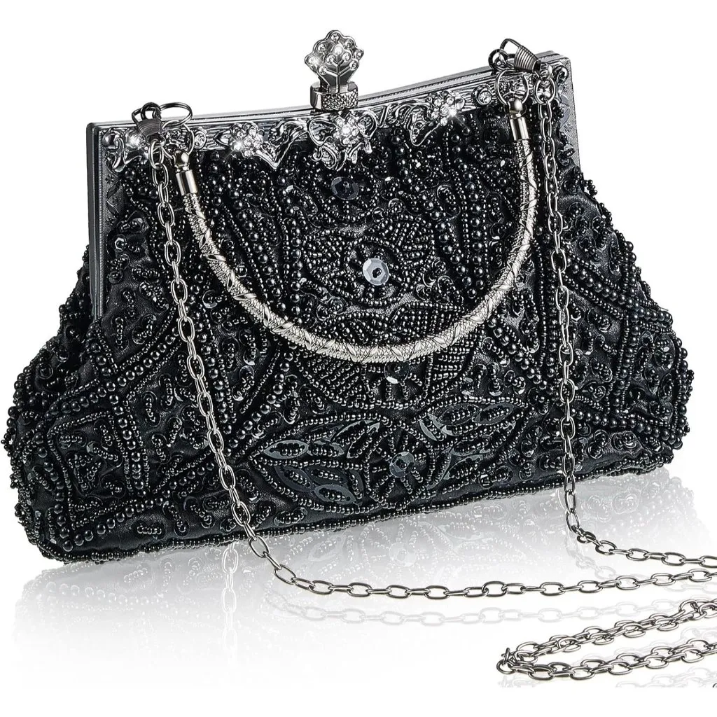 ⚡ Women's Black Rhinestones Vintage Beaded Satin Lining Evening Clutch Bag - Image 1