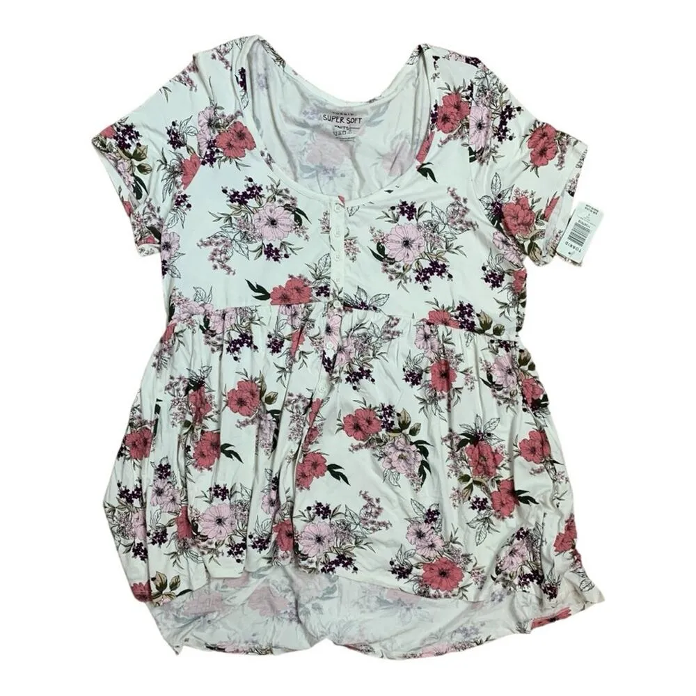 Torrid size 1 1X short sleeve babydoll shirt new button floral white red flowy - Image 2