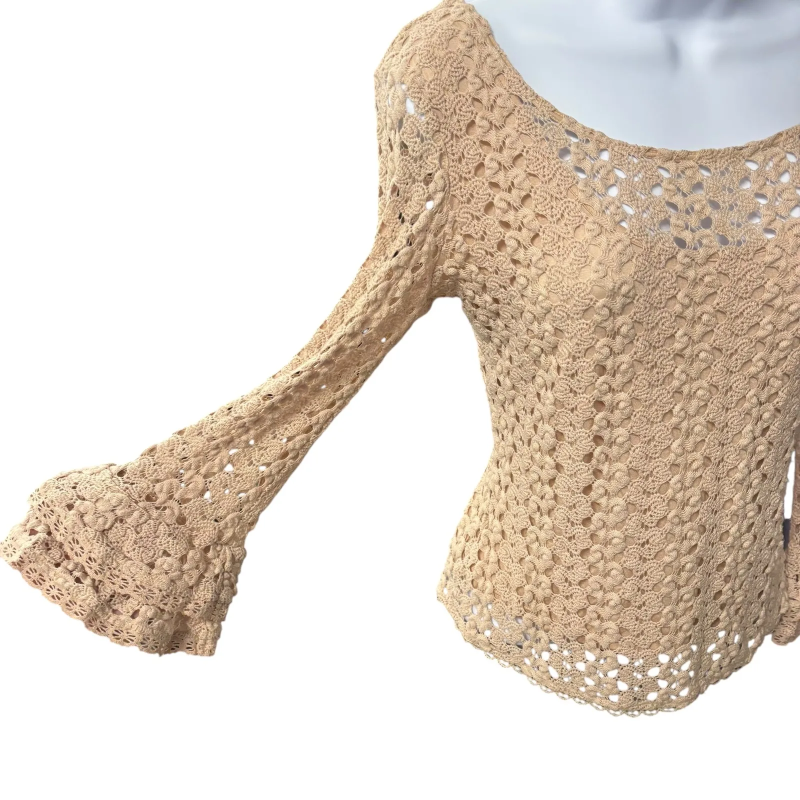 Free People Crochet Lace Bell Sleeve Scoop Neck Top‎ Beige Size S - Image 5