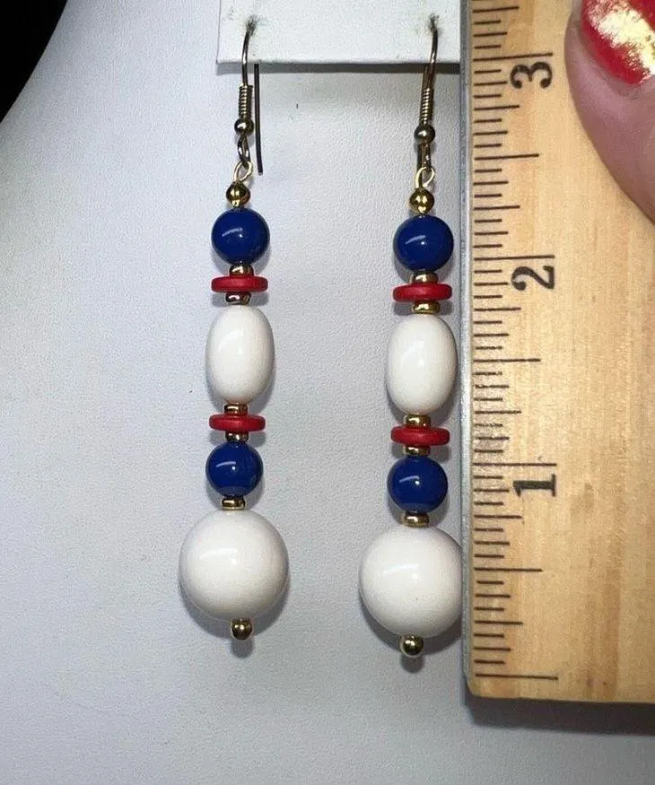 Vintage Patriotic Red, White and Blue Bead Dangle Earrings Blue - Image 4