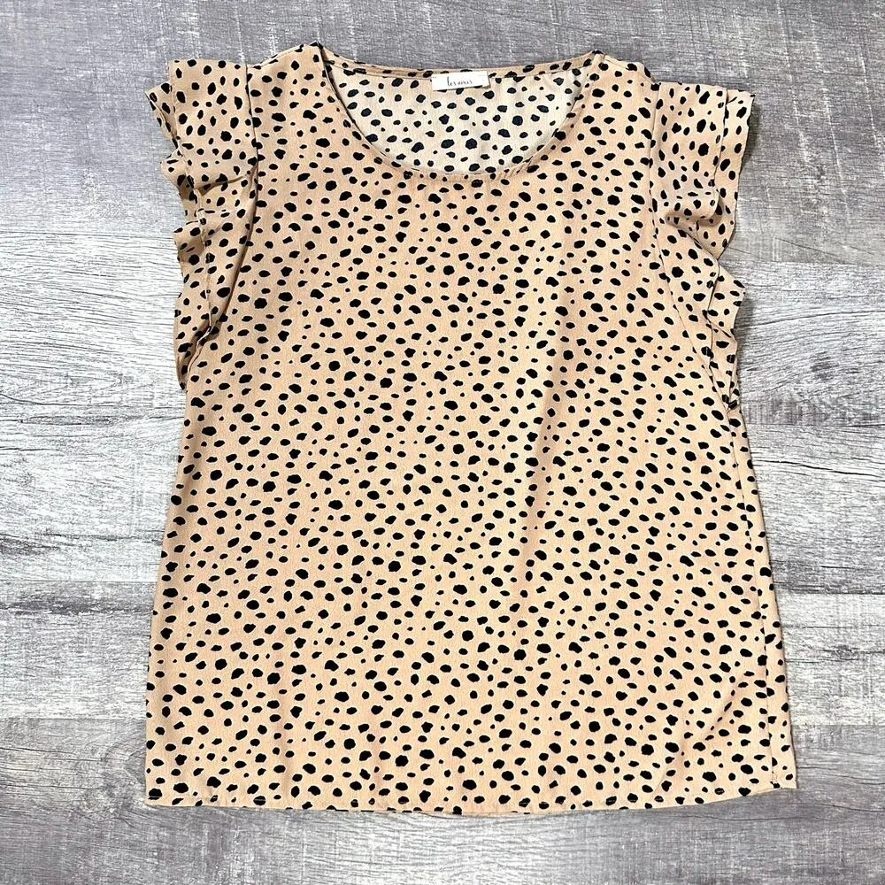 Les Amis Safari Flutter Sleeve Blouse Womens S Tan Leopard Spotted Top USA Made - Image 3