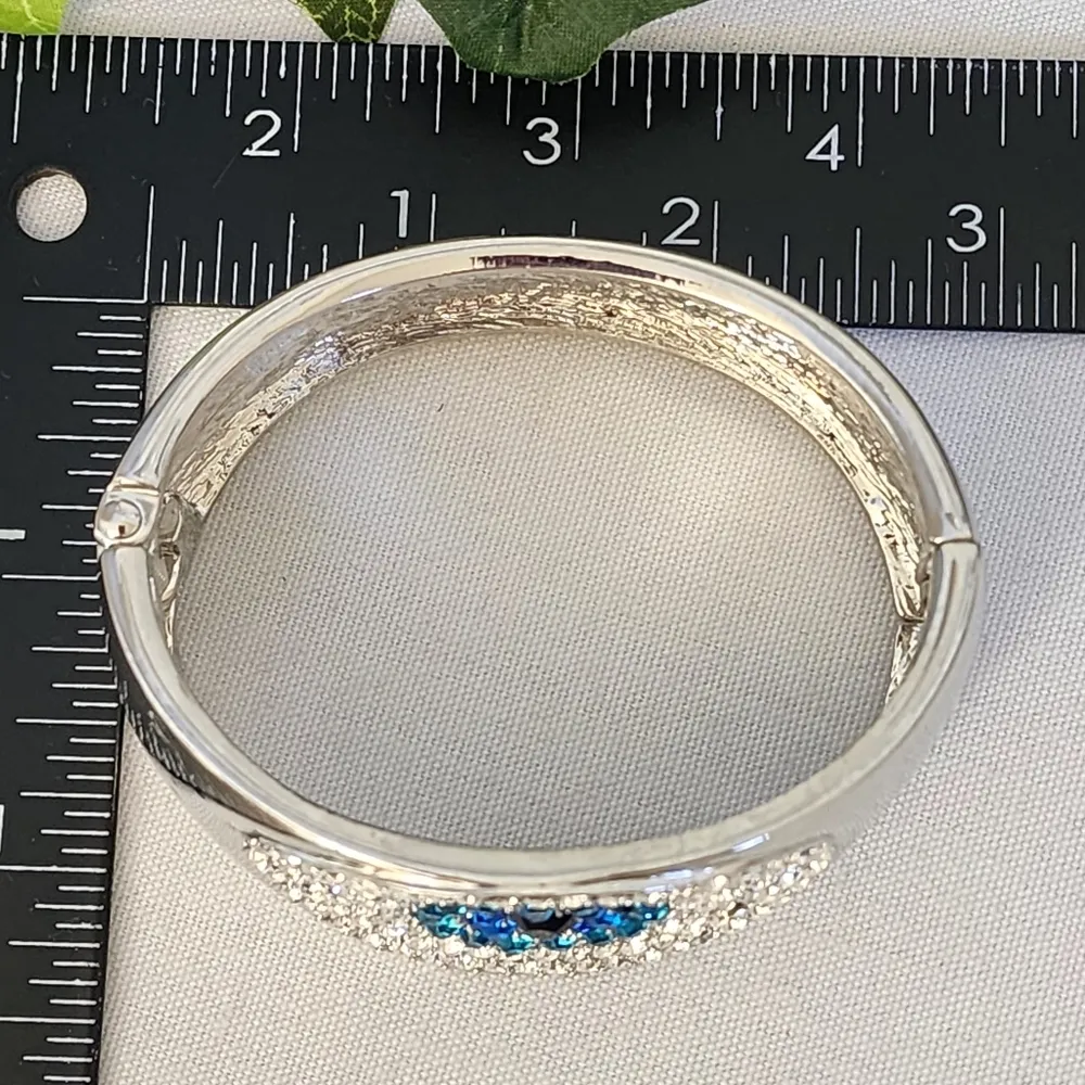 Silver Statement Clamper Hinge Bracelet Crystal Evil Eye Blue - Image 11