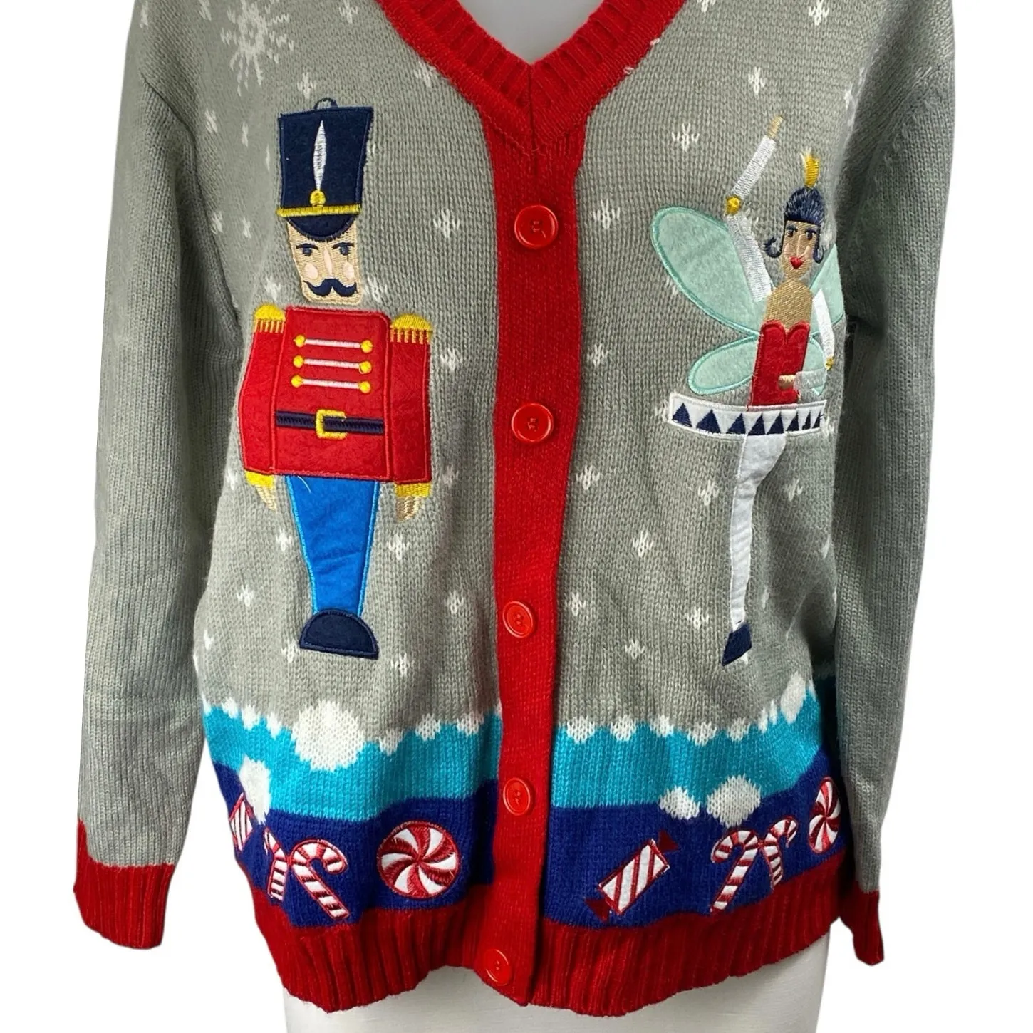 Women's Gray Nutcracker Ballerina Whimsical Button Up Cardigan Sweater Size M Size M - Image 2