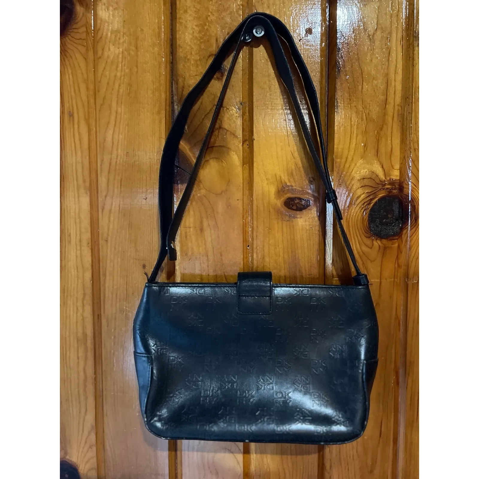 Vintage 90s 2000s DKNY Minimalist Black Leather Shoulder‎ Bag - Baguette Purse - - Image 2