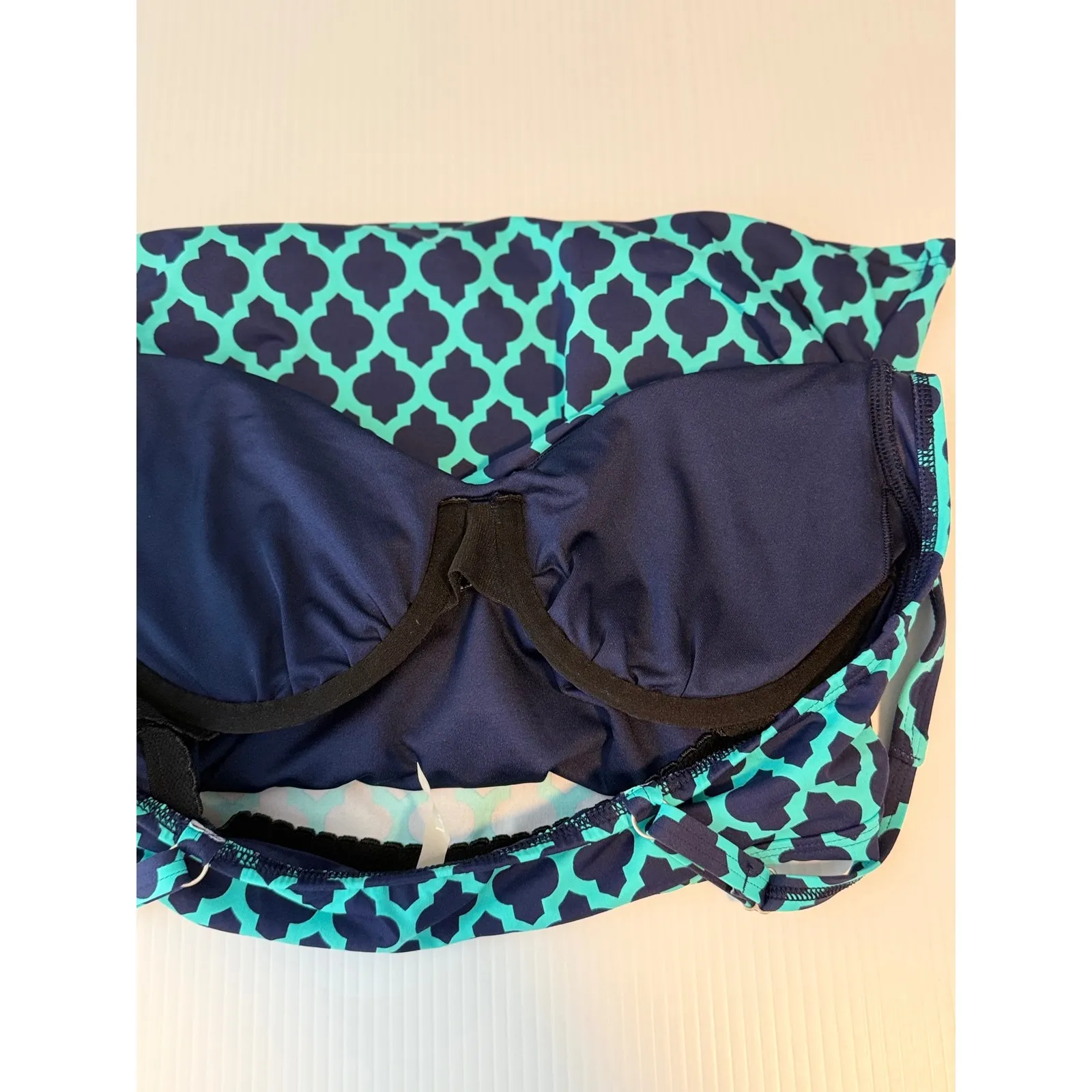Lands End Tankini Swim Top Blue Teal Quatrefoil Ruched Gathered Size 10 - Image 3