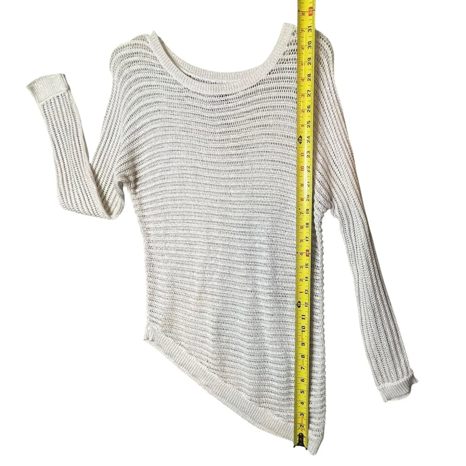 APT. 9 Sweater Womens Small Ivory Asymmetrical Hem Open Knit Tunic Top Metallic - Image 8