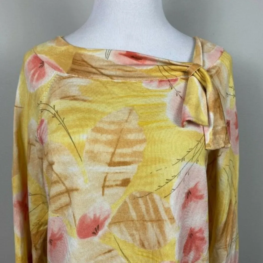 Pendleton Blouse Top L Silk Blend Floral Boatneck‎ Tie 3/4 Sleeve Ribbed Womens - Image 2