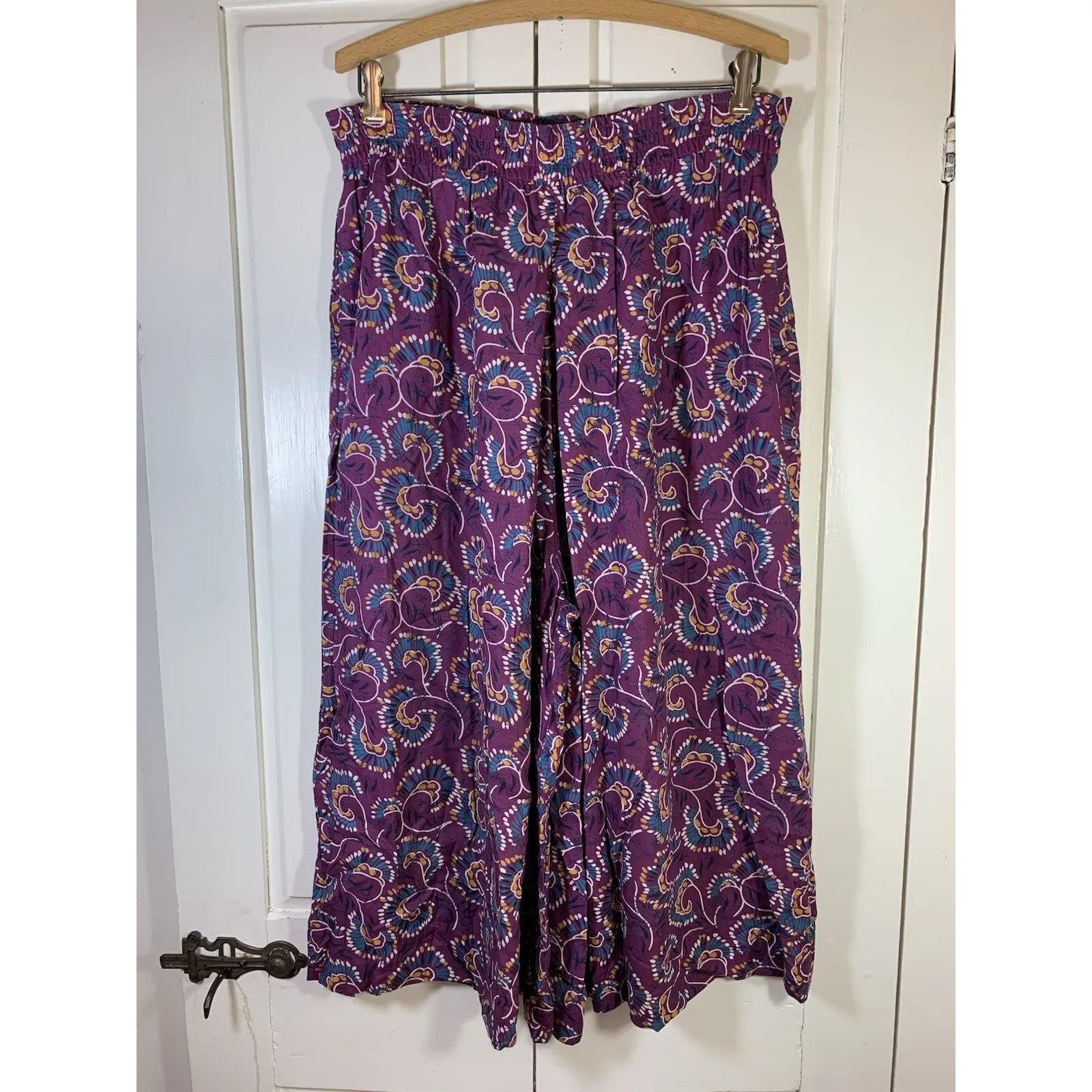 LL Bean Pants Womens Medium Capri Baggy Floral Pull On‎ Wide Leg Cropped USA VTG Pink - Image 3