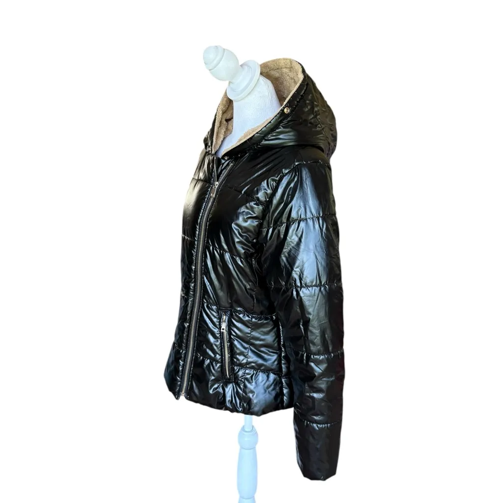 Roiii Black Quilted Puffer Coat Jacket Faux Fur Lined Hood Womens Size Medium - Image 3
