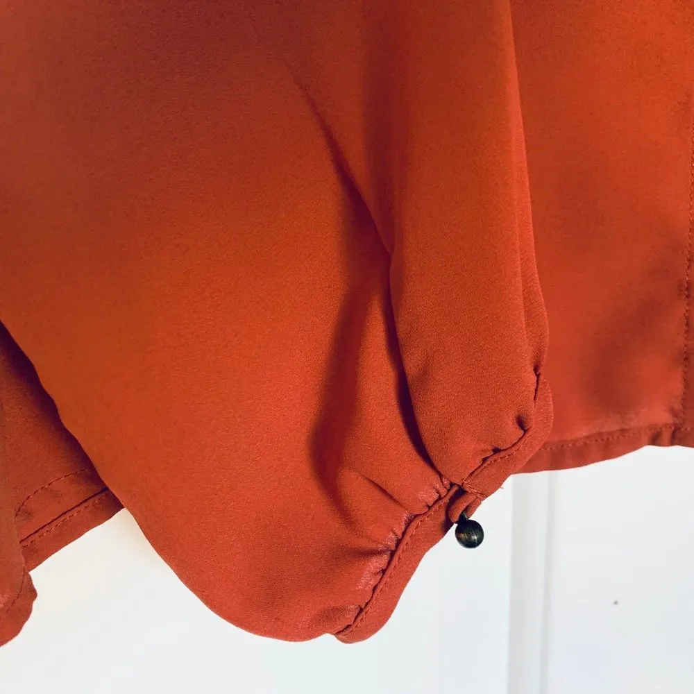 Forever 21 Rust Red Long Sleeve Silk Blouse with Front Keyhole Detail | Size: L - Image 3