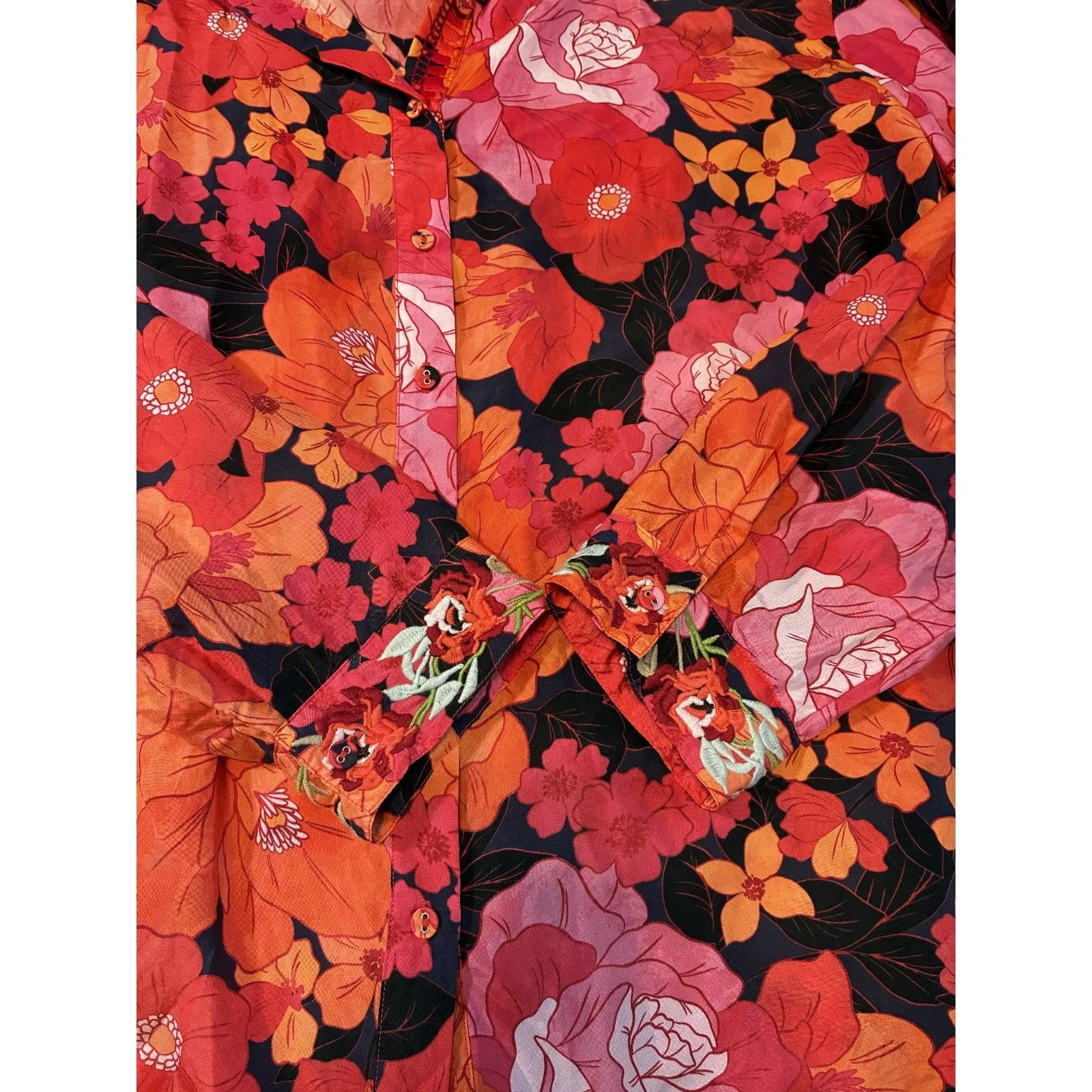 Johnny Was Workshop Silk Floral Embroidered Becca Button-Up Blouse XL - Image 4