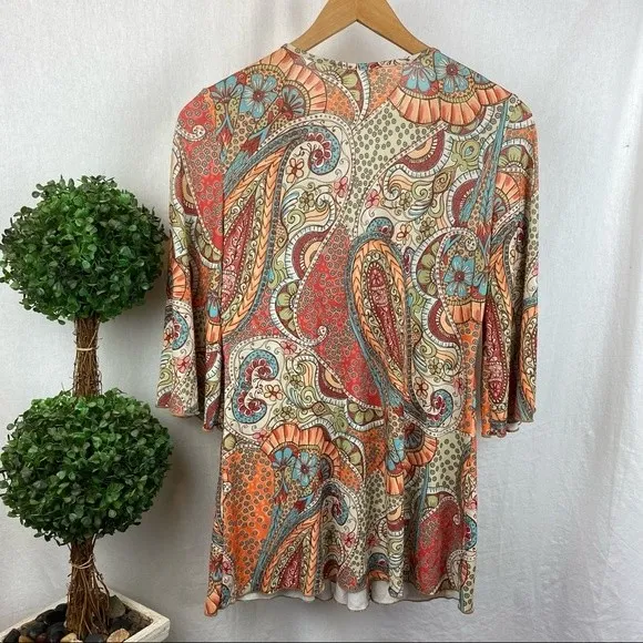 Boston Proper Print Woven Belt Waist 3/4 Sleeve Tunic Top M - Image 3