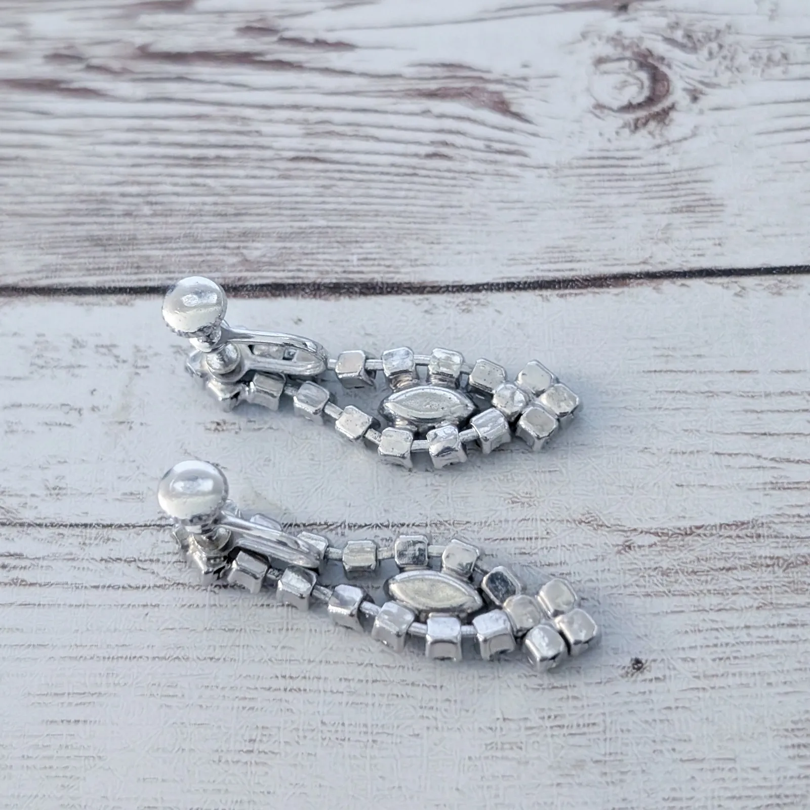 Vintage Screw On Earrings Elegant Clear Gem Long Dangle - Image 4