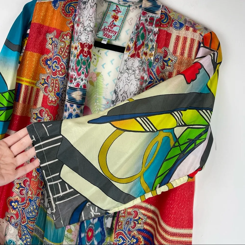 Johnny Was Patchwork Print Multicolor Silk Kimono Top Oversized Sz XS - Image 7