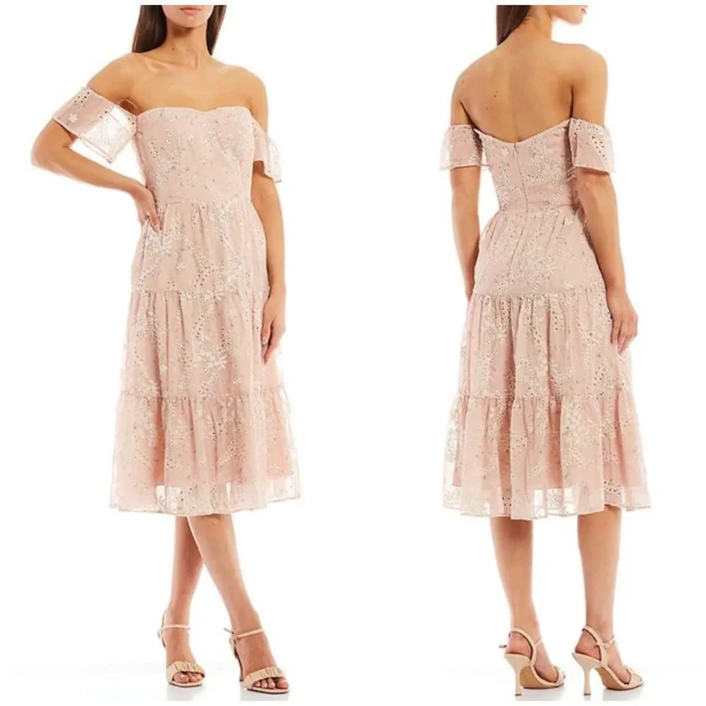 💕DRESS THE POPULATION💕 River Off the Shoulder Tiered Hem Dress ~ Blush XS NWT - Image 4