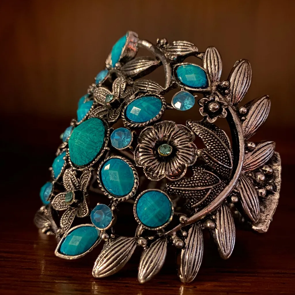 Ornate Turquoise Floral Hinged Cuff Bracelet | Silver Tone Statement - Image 2