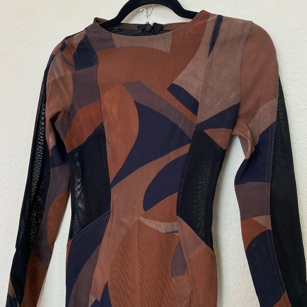 House of CB 'Cassidy' Brown Mesh Printed Long Sleeve Midi Dress NWOT size‎ S - Image 3