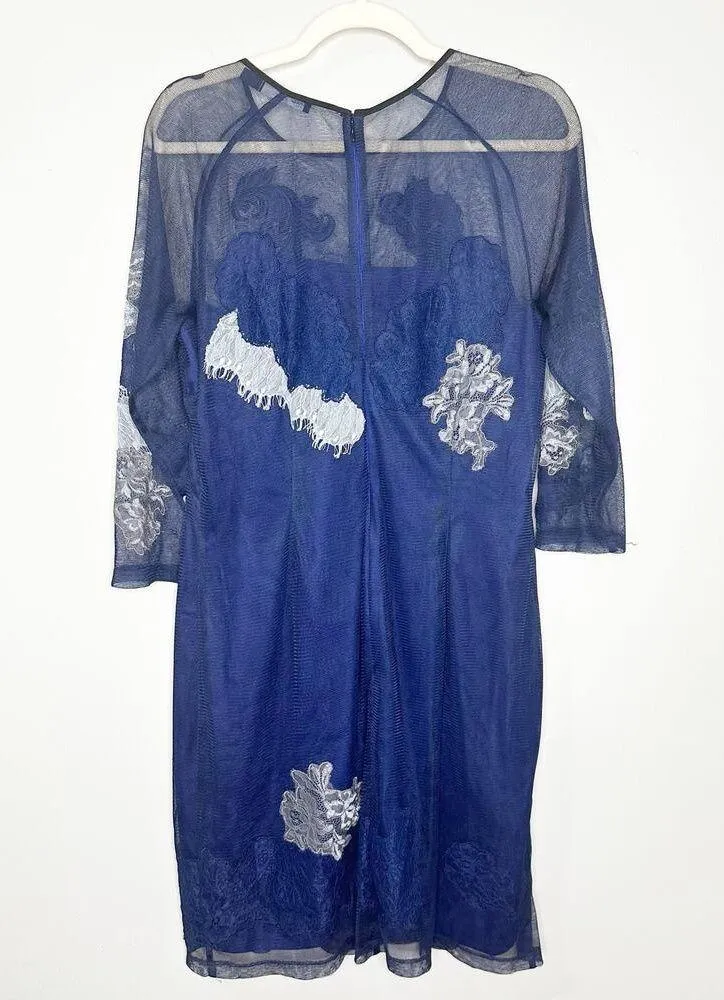 Karen Millen Womens Sheath Dress Lace Embroidered Illusion Detail Navy Size 12 - Image 5