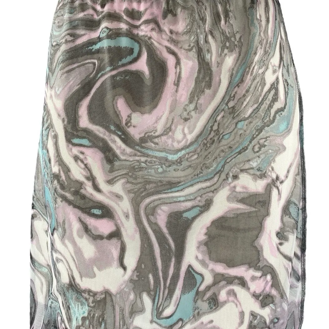 Persaya Gray Marble Print Elastic Waist Mesh Sheer Knee Length Pencil Skirt L - Image 4