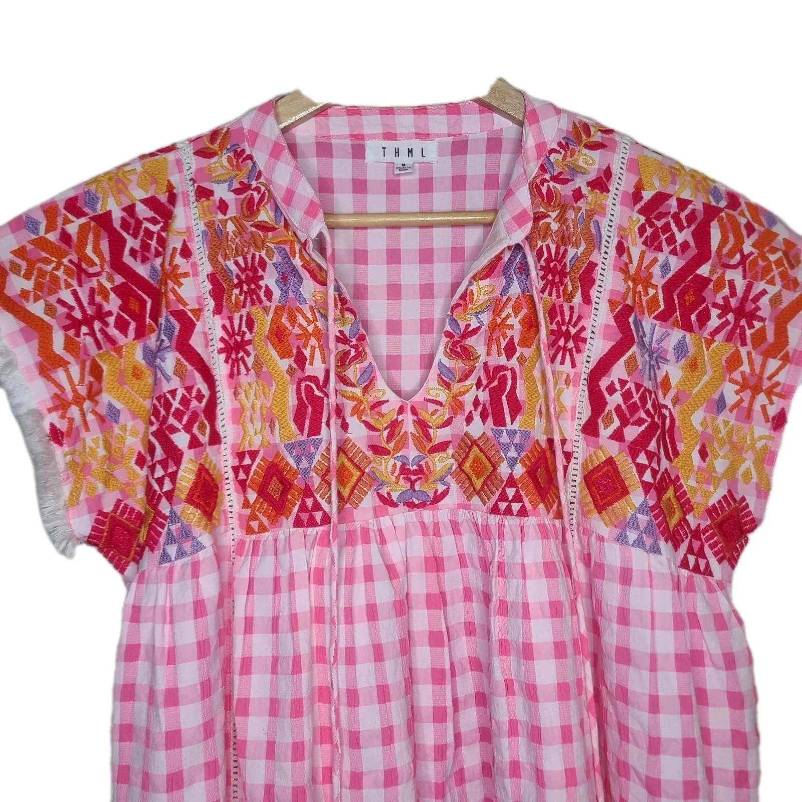 THML Anthropologie Bohemian Gingham Geometric Embroidered Blouse‎ Top Shirt Sz M - Image 2