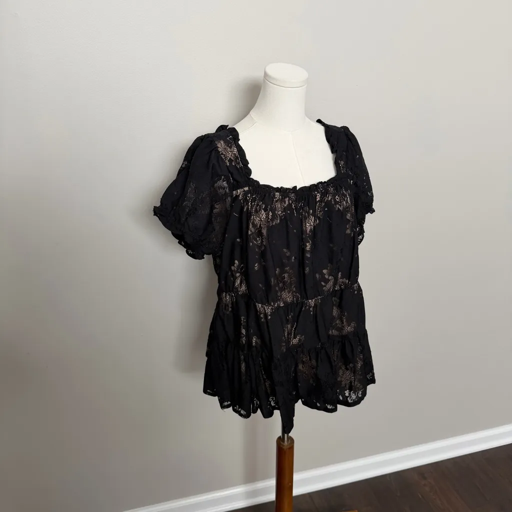 Torrid Top Babydoll Lace Tiered Ruffle Puffed Short Sleeve Boho Black Nude Tan - Image 8