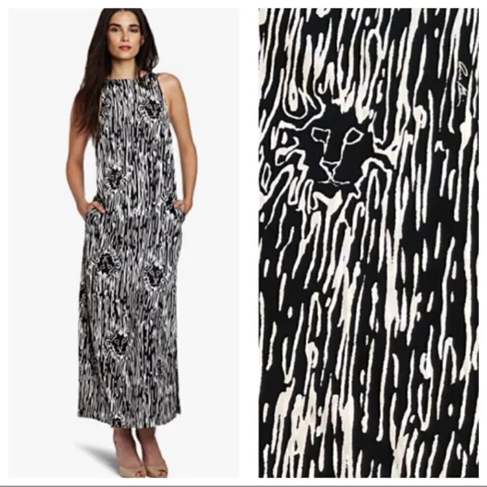 Anne Klein Lion Head Logo Print Shift Slip Maxi Dress Black White 6 Sleeveless - Image 13