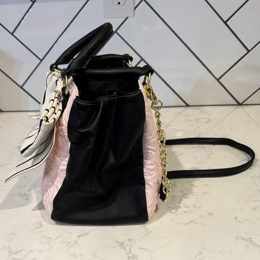 Betsey Johnson faux leather satchel quilted rose pattern striped bow pink black - Image 2