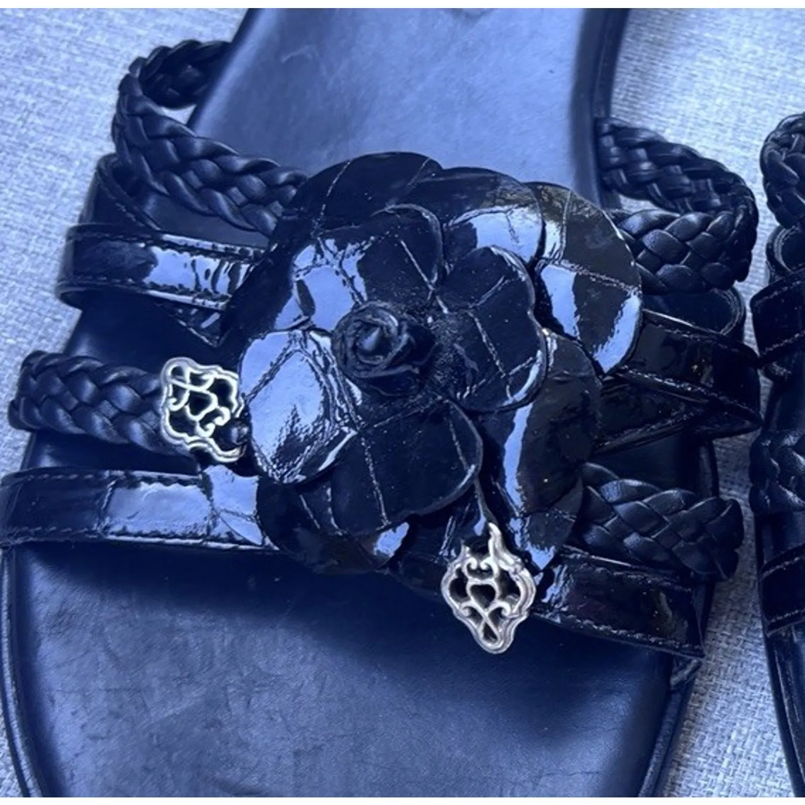 Brighton Slide Mule Sandals Sz 8.5 Black Leather Braided Womens Flat Block Heel - Image 2