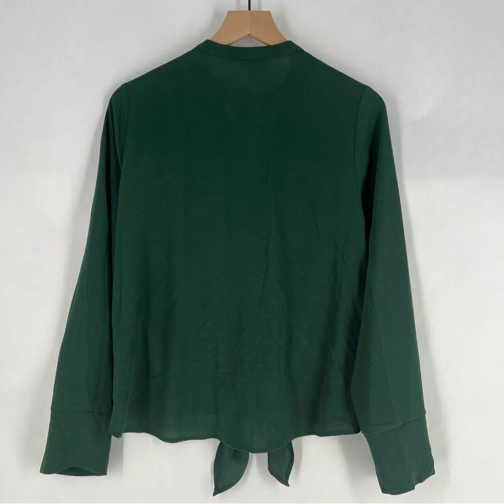 Monteau Women's Lightweight‎ Green Crepe V-Neck Tie Front Button Down Shirt XL - Image 8