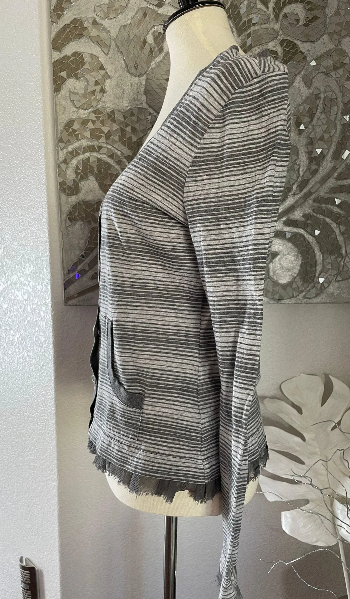 Gray Stripe V Neck Cardigan - Image 2