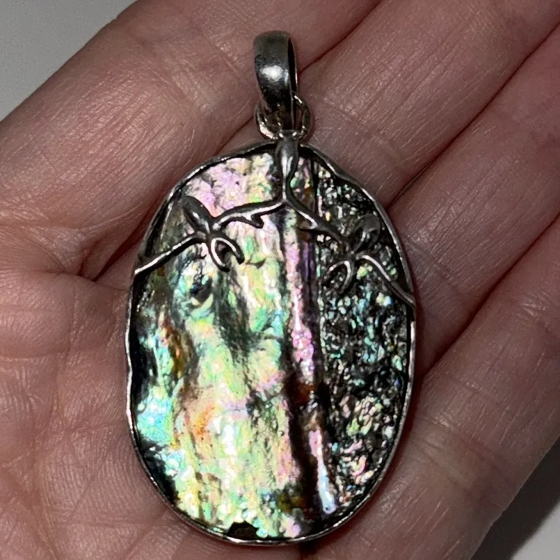 Large Abalone Shell Oval Silver Pendant Boho Artisan Style - Image 2