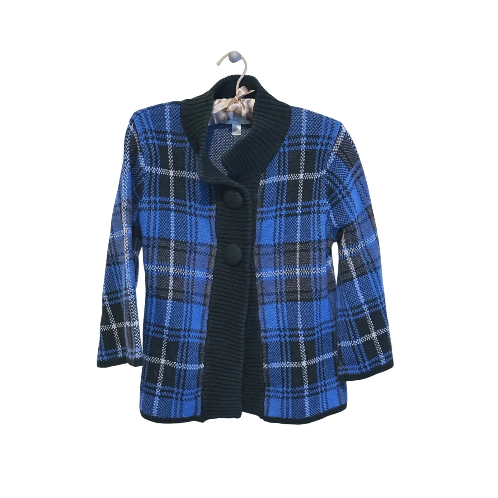 Vintage Dressbarn Tartan Plaid Chunky Cardigan Small Blue Dark Academia Heritage - Image 2