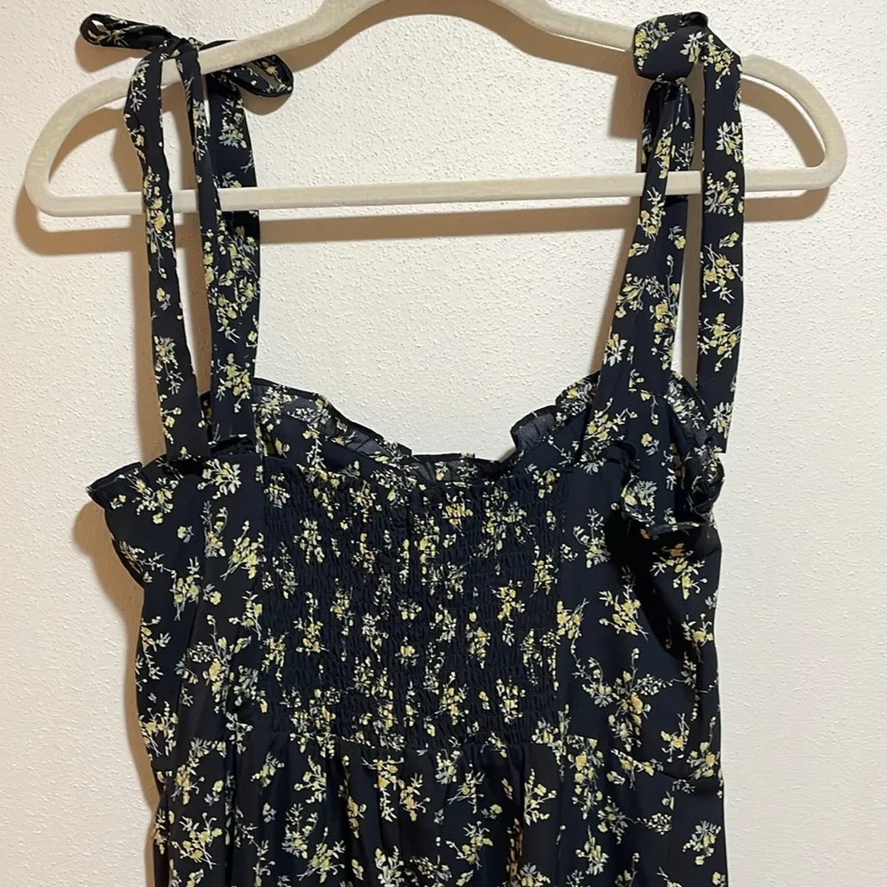 o.p.t. Toile De Jouy Midi Dress Ruffle Tie Straps Black Floral Size Large - Image 10