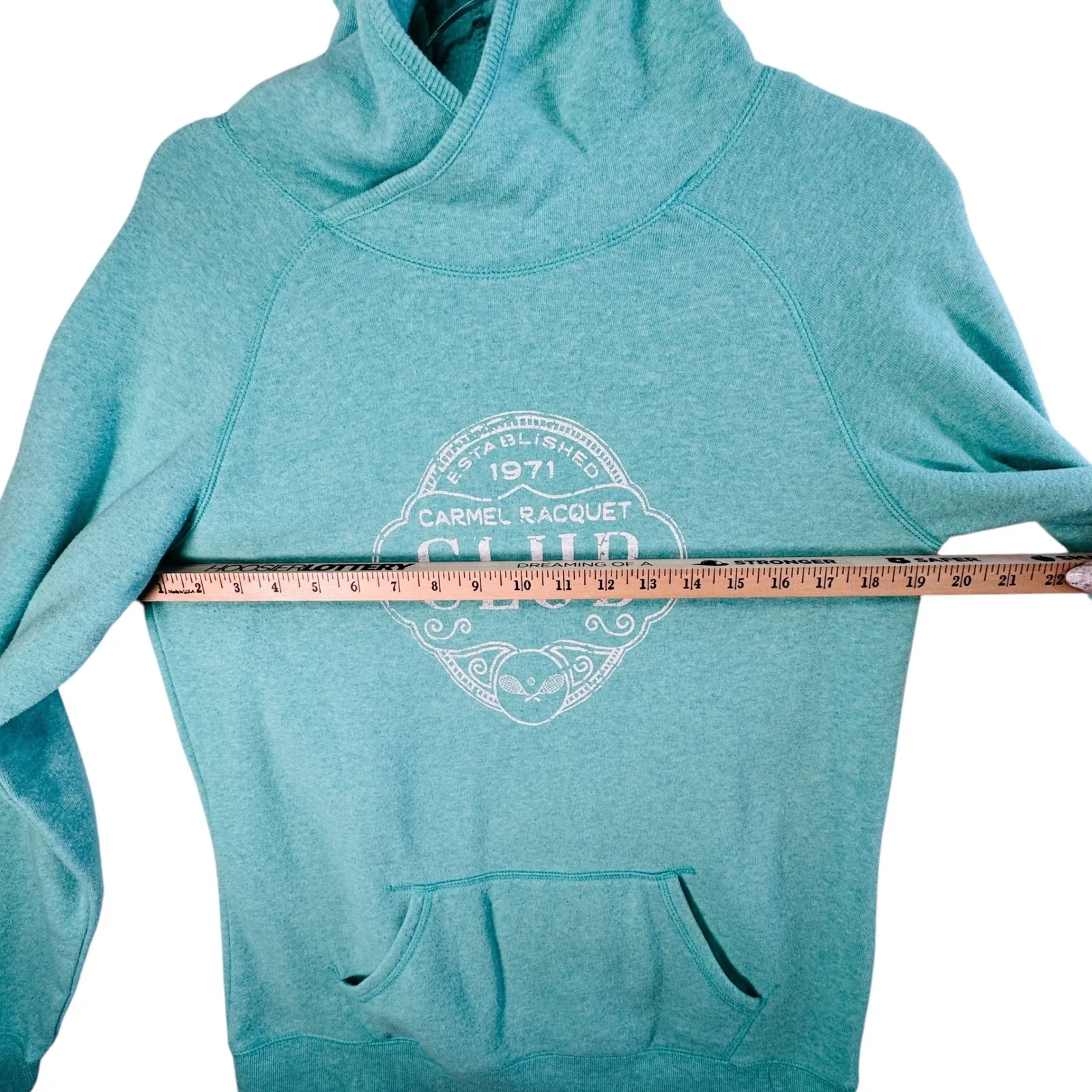 Carmel Racquet Club Womens Sz L Teal Graphic Hoodie Fleece Pullover Tennis - Image 6