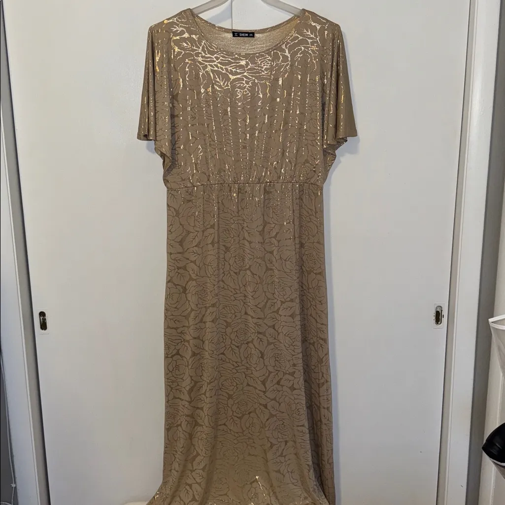 Dolman Sleeve Holiday Maxi Dress Metallic Floral Rose Print Women’s 2X by Shein - Image 2