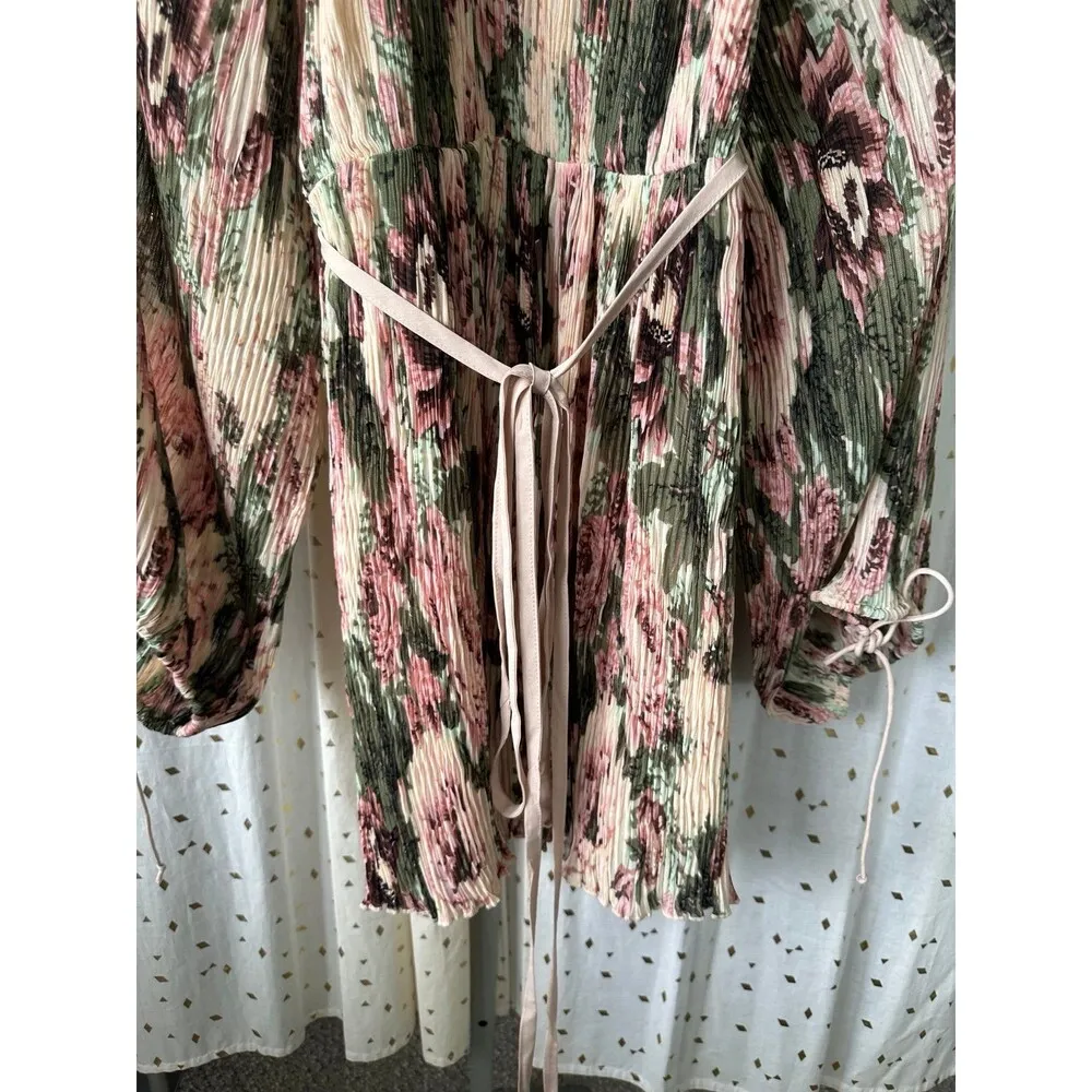 ASOS DESIGN Plisse Blouson Sleeve Romantic Floral Print Open Back Mini Dress 8 - Image 8